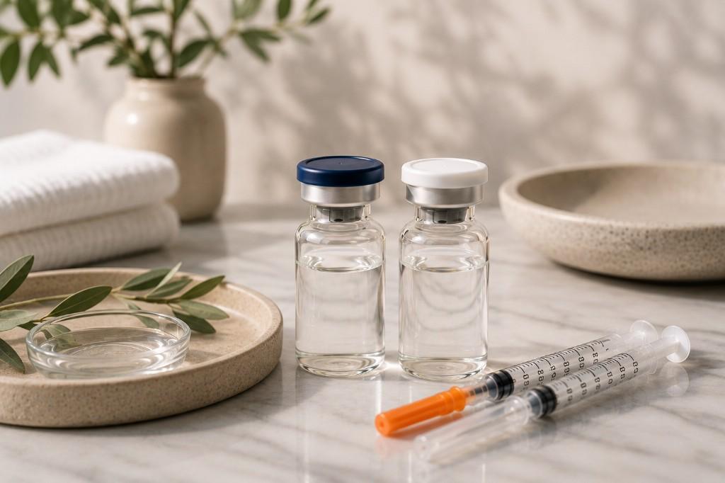 Clinical peptide vials and syringes arranged on marble with soft spa-style towels and greenery — provider-guided peptide therapy at NY Drip Lounge
