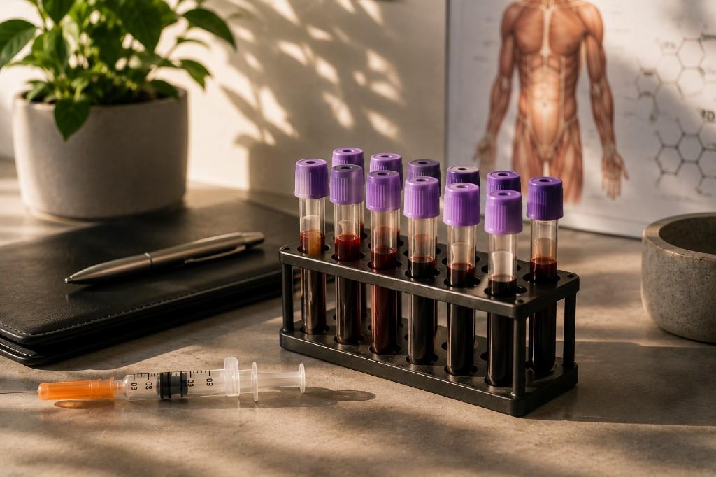 Blood sample vials and syringe on a clinical counter — testosterone lab testing reference