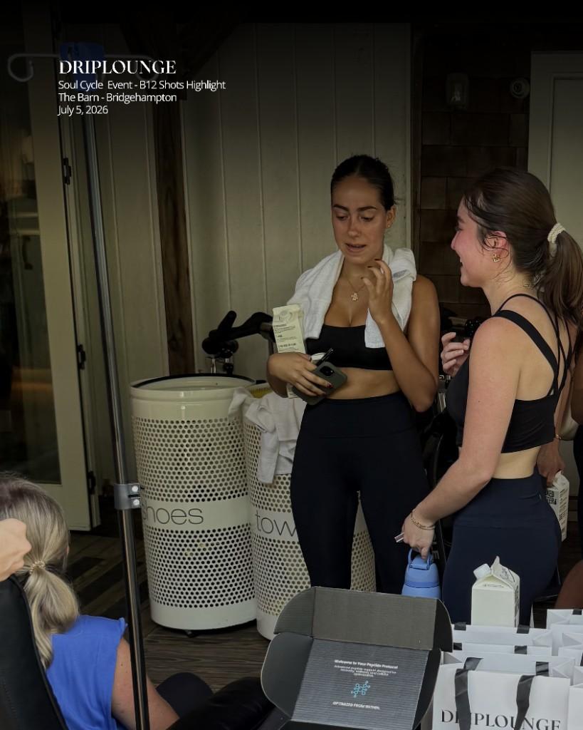 Guests at the Drip Lounge SoulCycle Bridgehampton event with branded gift bags