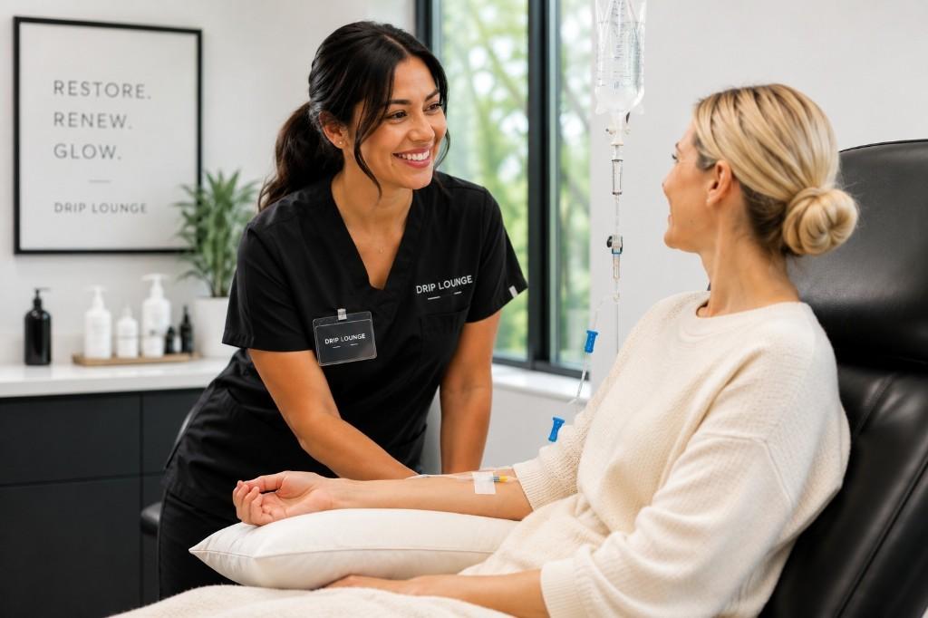 Drip Lounge clinician providing personalized IV therapy in clinic